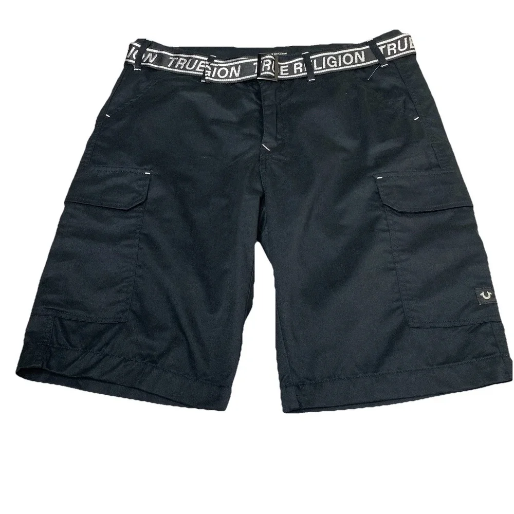 True Religion Belted Logo Cargo Shorts Mens 36 Jet Black Cargo Utility Pockets